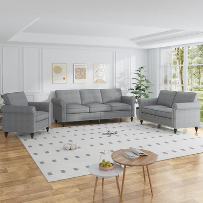 3PCS Sofa Set for Living Room,Modern Linen Couch Set with Nailhead Trim Design, Living Room Furniture Set for Office Apartment Home(Sofa & Loveseat & Chair/Light Grey)-0