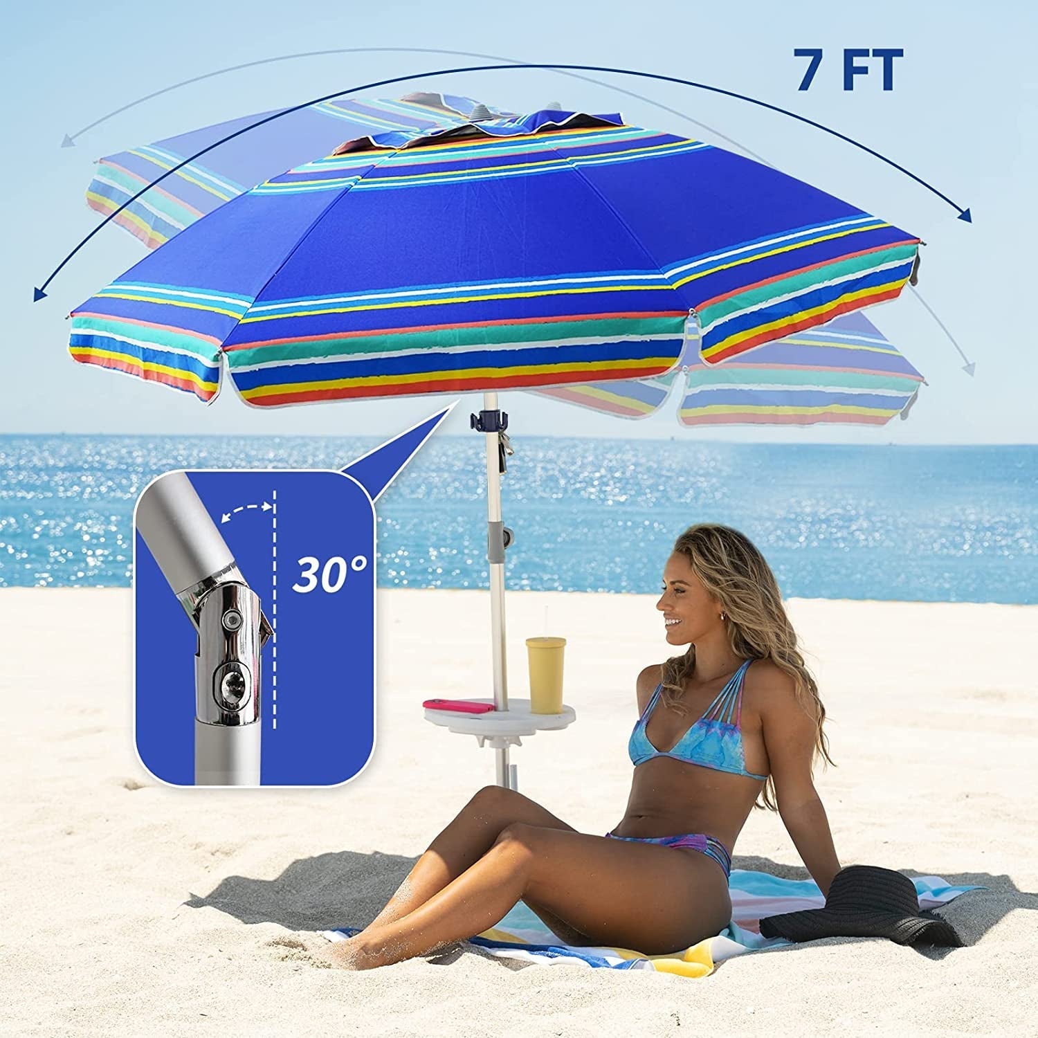 7Ft Heavy Duty High Wind Beach Umbrella Parasols with Sand Anchor & Tilt Sun Shelter, UV 50+ Protection Outdoor Sunshade Umbrellas Carry Bag for Patio Garden Pool Backyard Stripe Blue-3