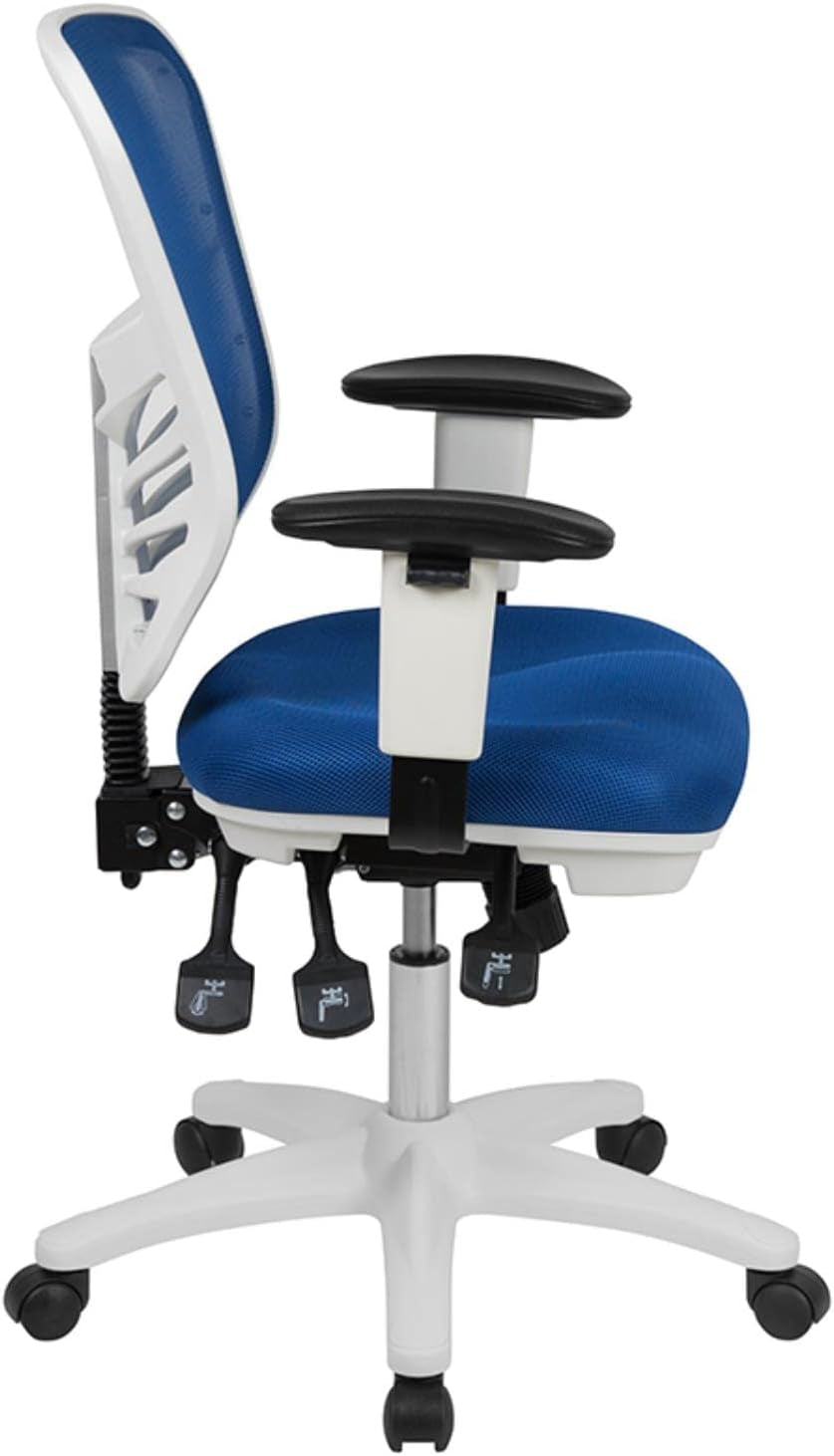 Nicholas Mid-Back Blue Mesh Multifunction Executive Swivel Ergonomic Office Chair with Adjustable Arms and White Frame-3