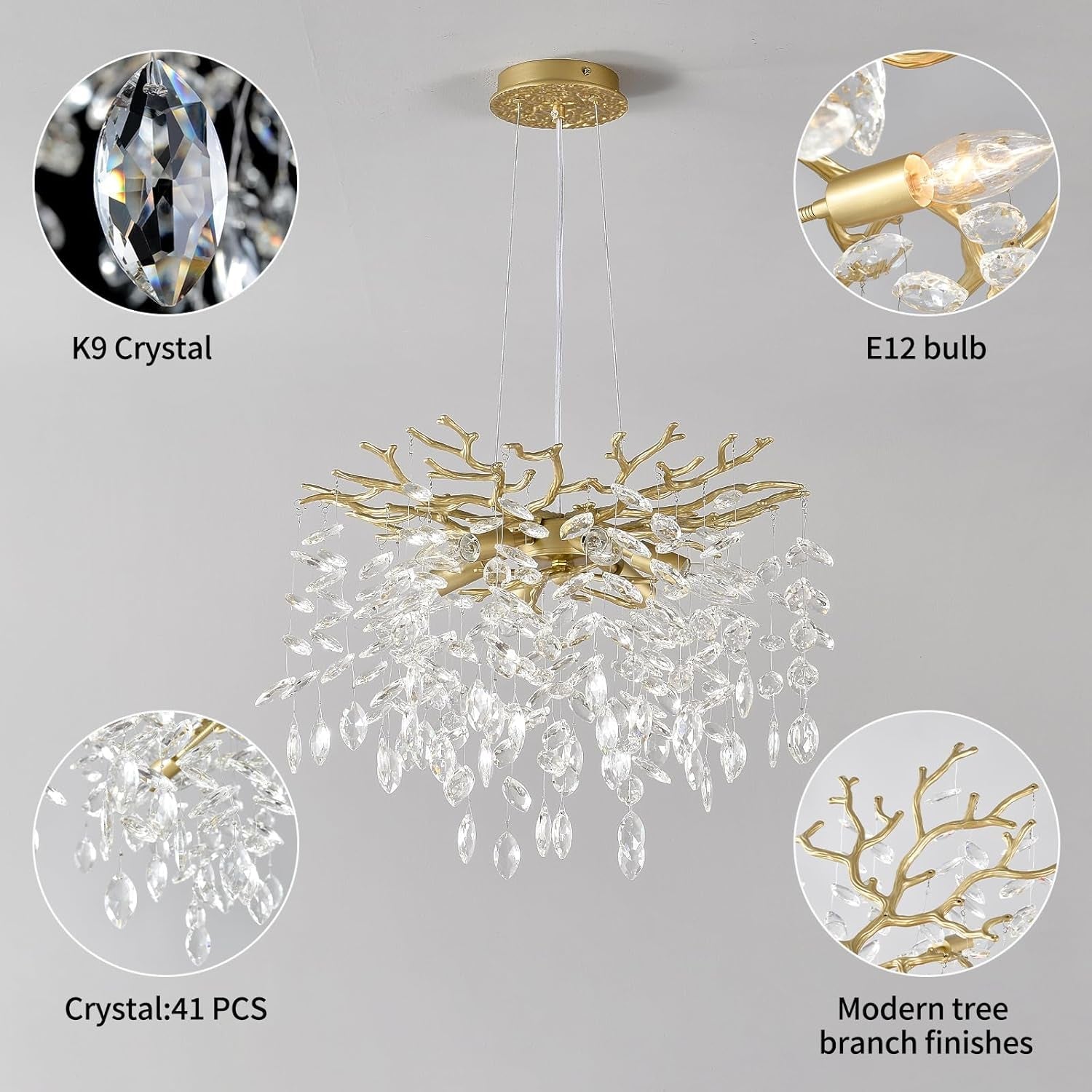 Gold Crystal TreeBranch Chandelier Luxurious 18 Inch-4