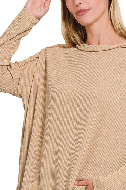 Zenana Ribbed Drop Shoulder Round Neck Sweater