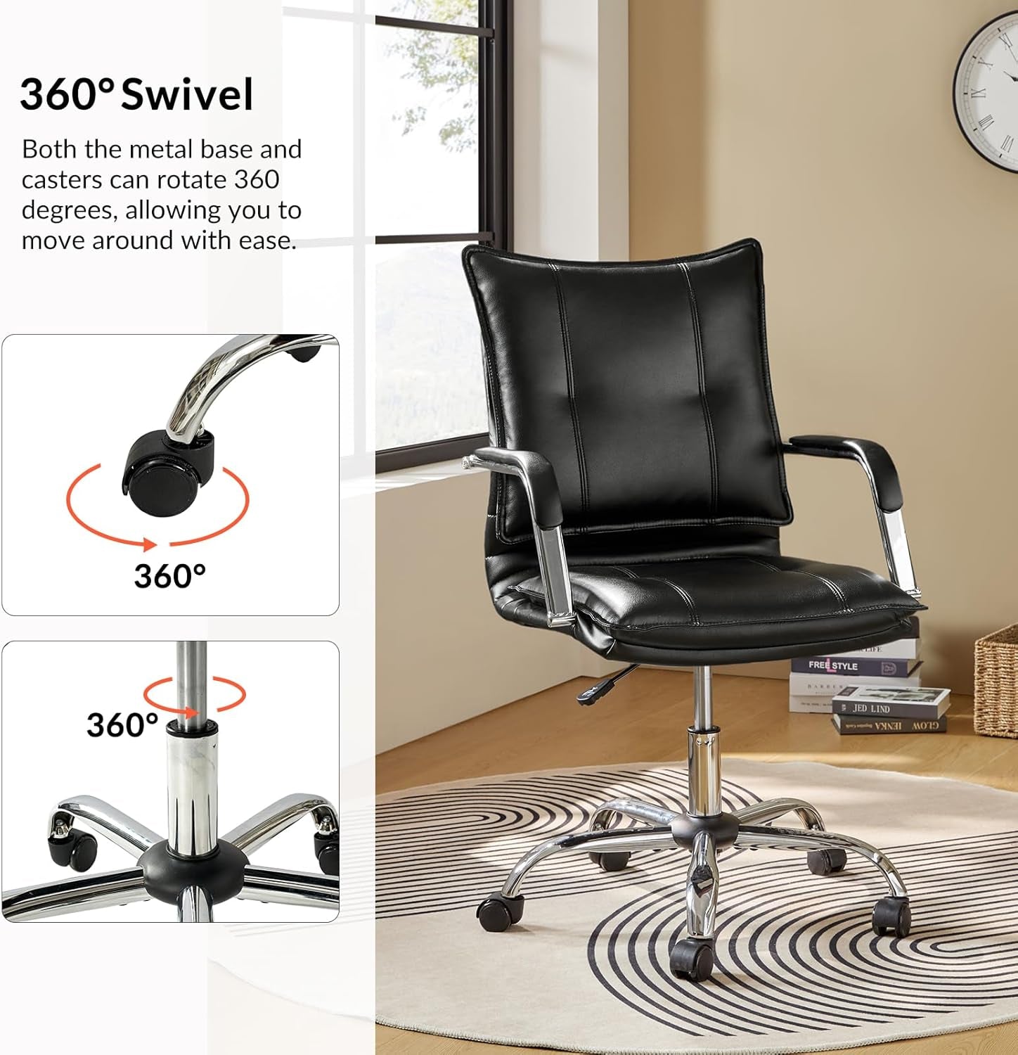 Faux Leather Home Office Desk Chair, Adjustable Swivel Computer Chair with Sliver Legs and Arms, Comfy Upholstered Task Chair(Black)-3