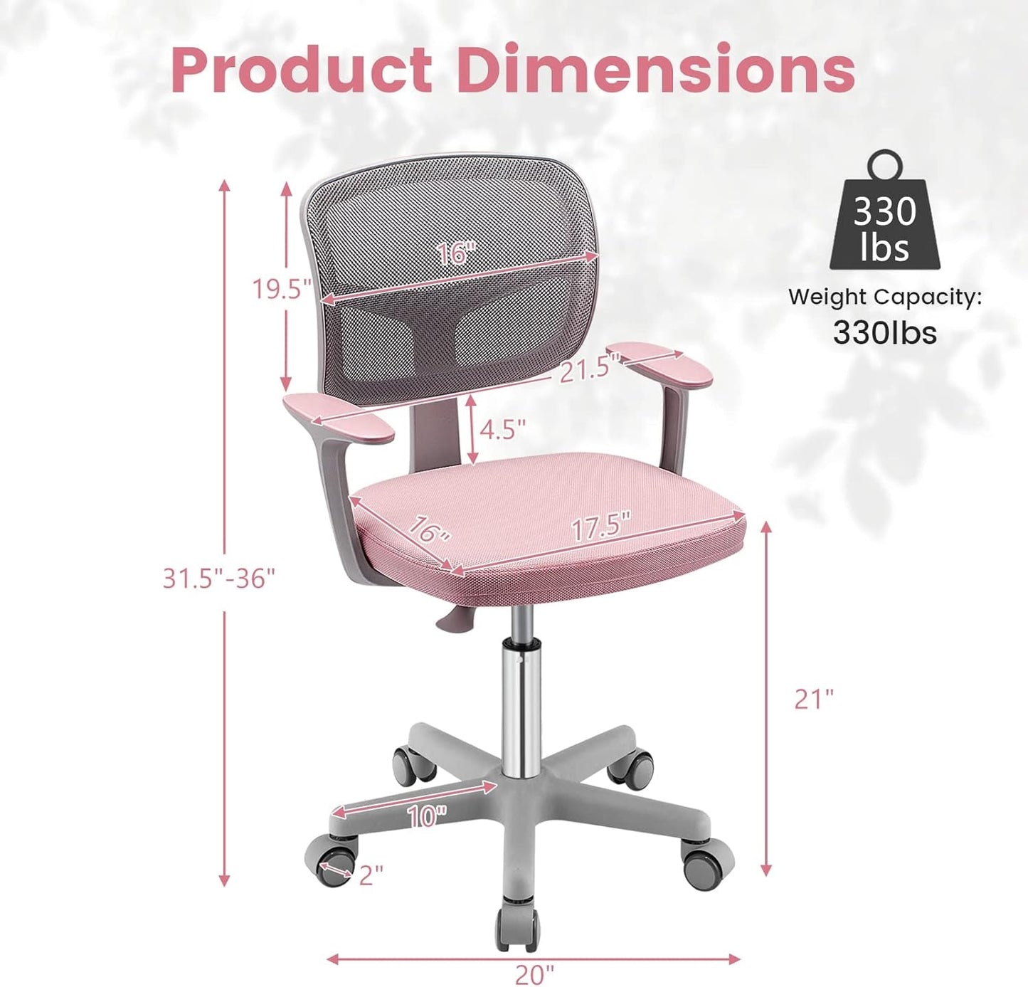 Kids Desk Chair, Ergonomic Kids Swivel Study Chair with Lumbar Support, Breathable Mesh & Universal Wheels, Height Adjustable Kids Computer Chair for Boys & Girls (Pink)-2