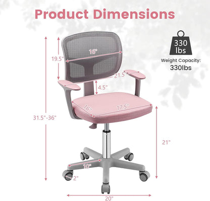 Kids Desk Chair, Ergonomic Kids Swivel Study Chair with Lumbar Support, Breathable Mesh & Universal Wheels, Height Adjustable Kids Computer Chair for Boys & Girls (Pink)-2