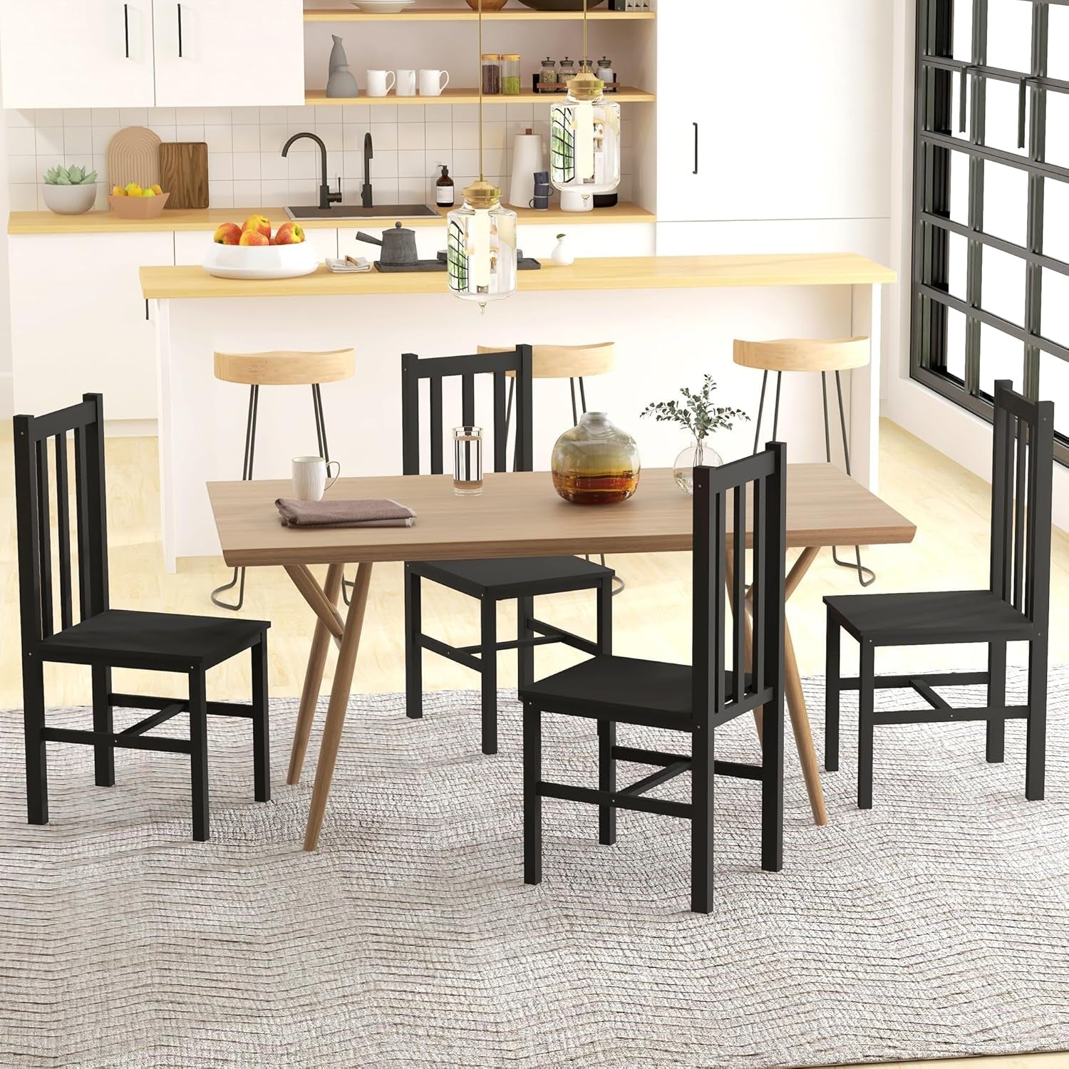 Dining Chairs, Set of 4 Farmhouse Kitchen & Dining Room Chairs with Slat Back, Pine Wood Seating for Living Room and Dining Room, Black-1