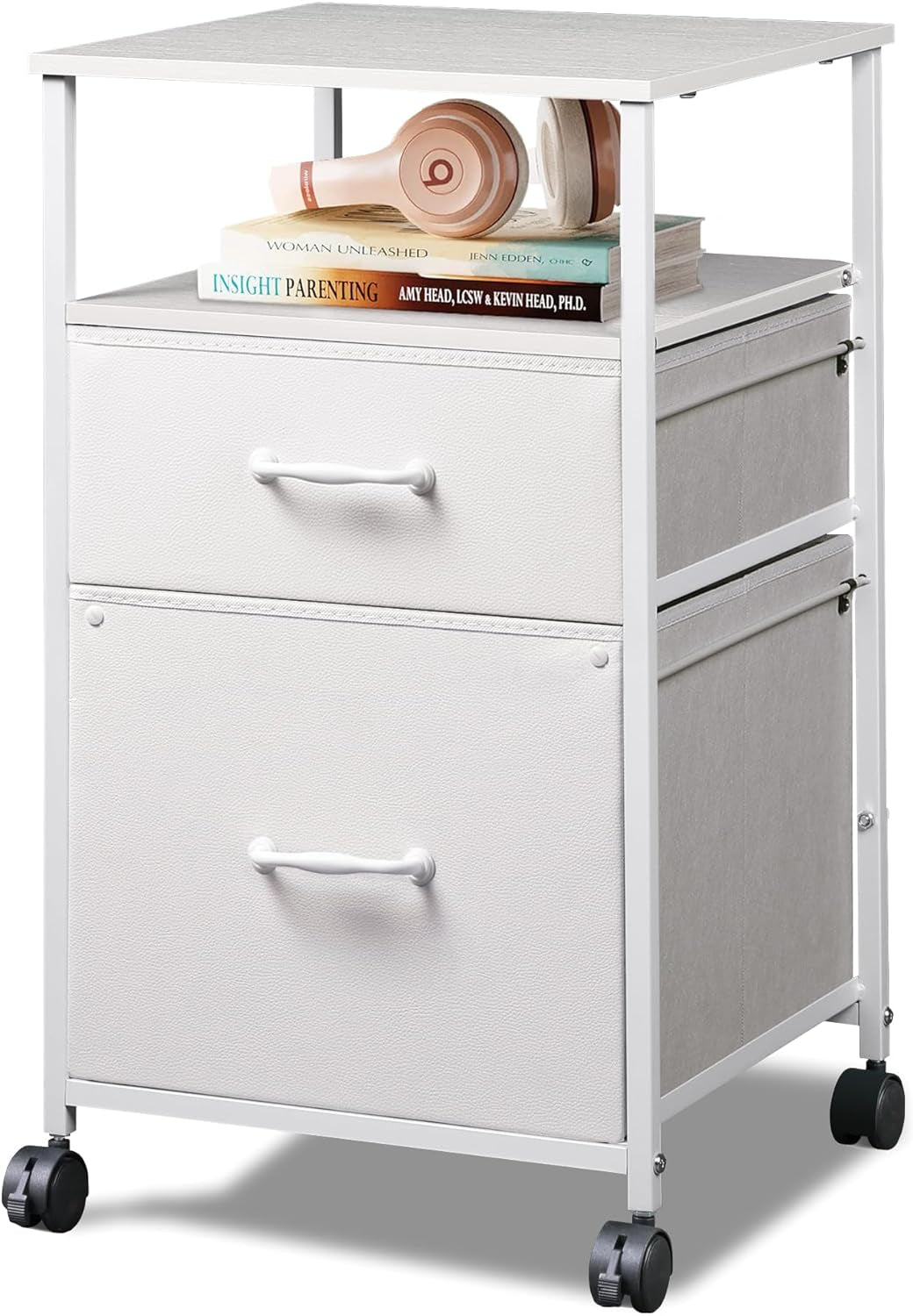 2 Drawer Fabric Vertical Filing Cabinet, Rolling Printer Stand, White-0