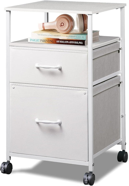 2 Drawer Fabric Vertical Filing Cabinet, Rolling Printer Stand, White-0