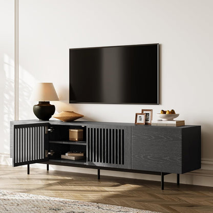 Modern Solid Wood TV Stand, Black Entertainment Center for 70 75 Inch TV, Tall TV Cabinet with Slatted Doors, Tall-Cast Metal Legs, Fully-Assembled, 78"-1