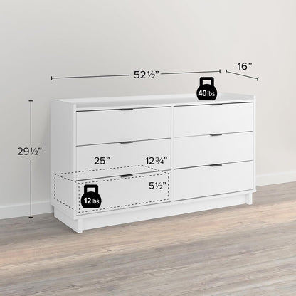 Simply Modern 6-Drawer Double Dresser for Bedroom, Chest of Drawers, Modern Bedroom Furniture, 52.5” Wide X 16” Deep X 29.5” Tall, White-2
