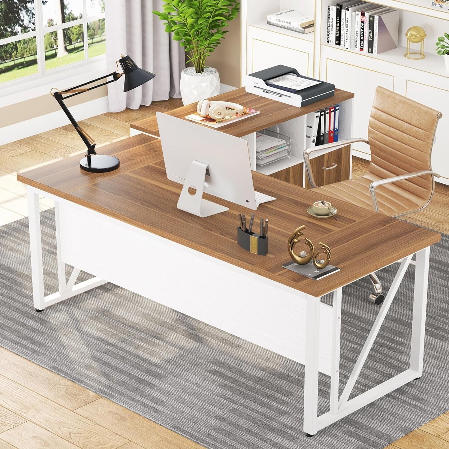 63" L Desk with File Cabinet Walnut White-1