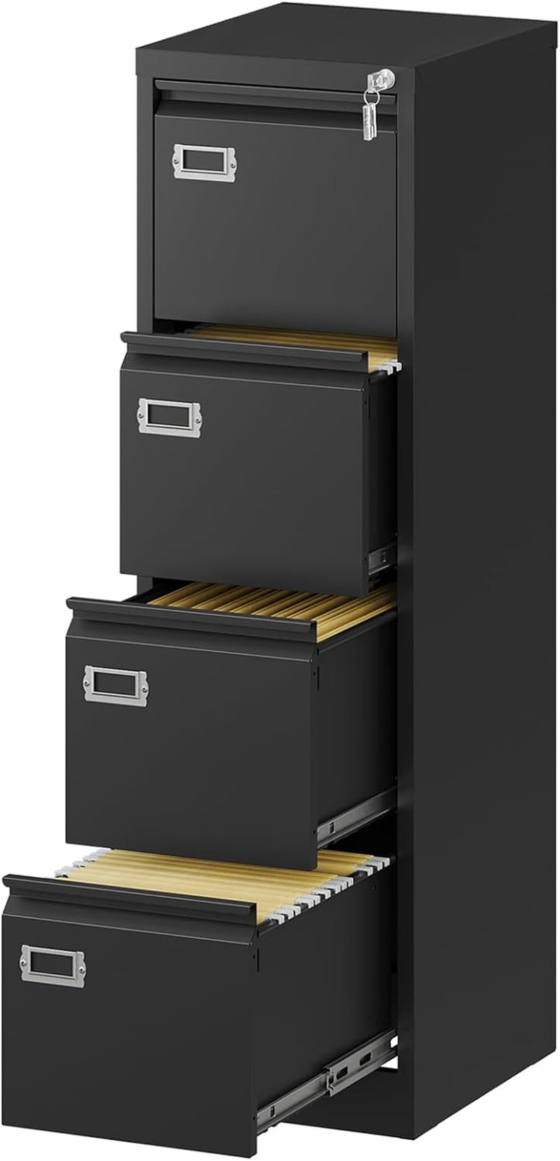 File Cabinet - 4 Drawers Vertical 17.8" Deep Lockable Filing Cabinet Black Metal Storage Cabinets for Home Office to Hanging Files Letter/Legal/F4/A4 Size-0