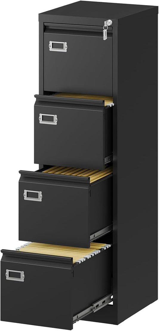 File Cabinet - 4 Drawers Vertical 17.8" Deep Lockable Filing Cabinet Black Metal Storage Cabinets for Home Office to Hanging Files Letter/Legal/F4/A4 Size-0