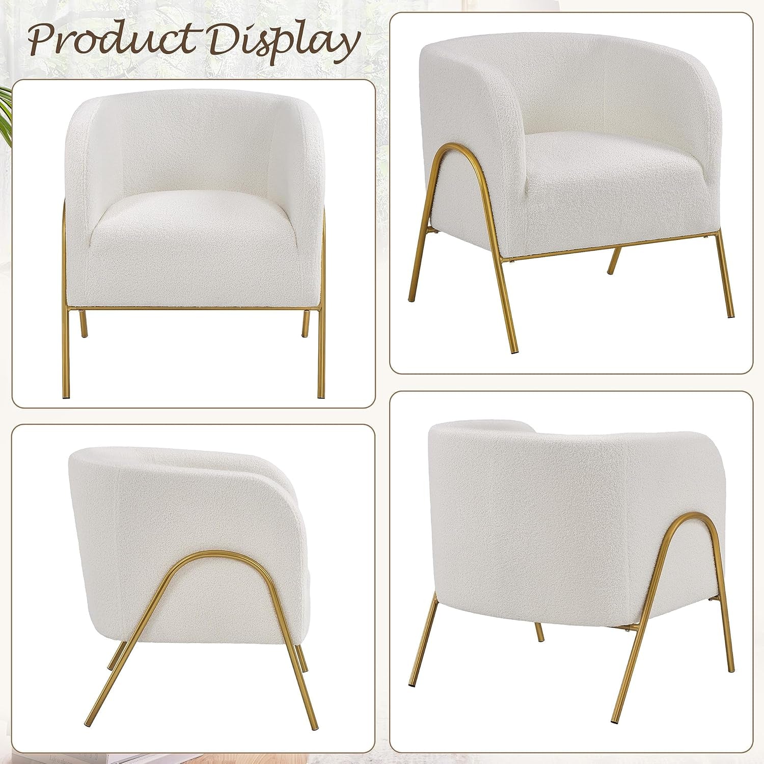 Ivory Boucle Accent Chairs Set Of 2 With Gold Legs For Home-4