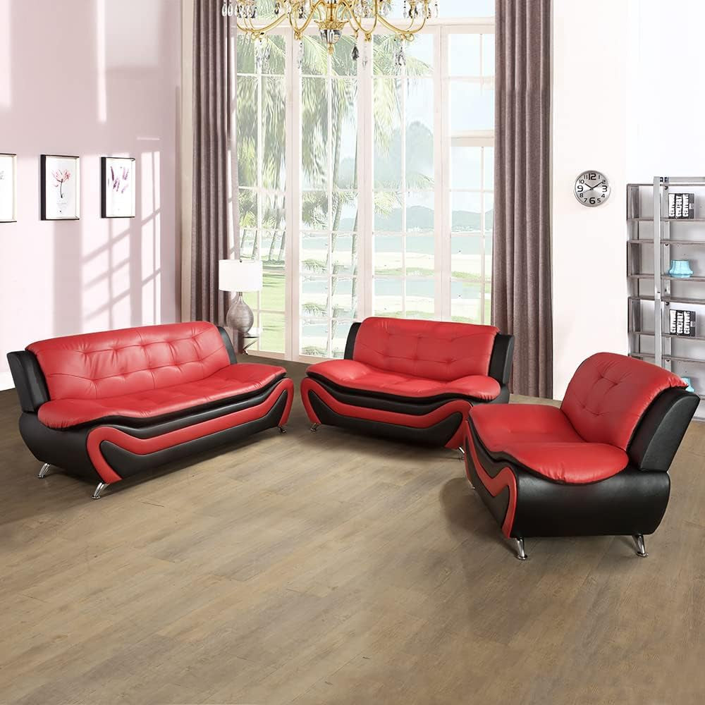 Living Room Furniture Set, Faux Leather Sofa Couch Set, 3 Pieces Modern Sofa Set for Living Room/Apartment/Office (Black&Red)-1