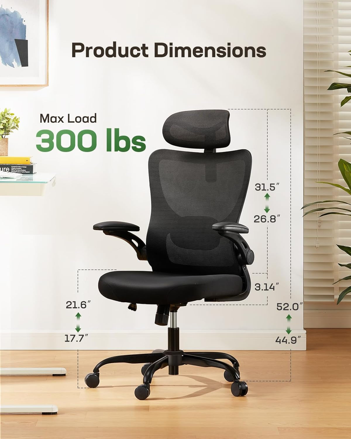 Ergonomic Office Chair: Office Computer Desk Chair with High Back Mesh and Adjustable Lumbar Support Rolling Work Swivel Task Chairs with Wheel 3D Armrests and Headrest-1