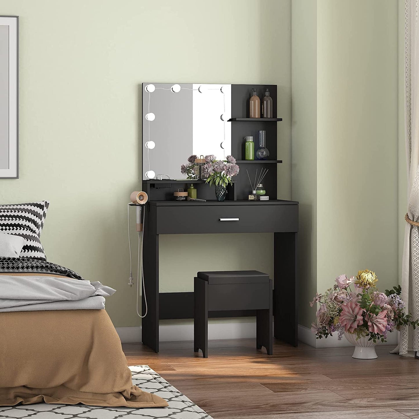 Black Makeup Vanity Table with Lighted Mirror-0