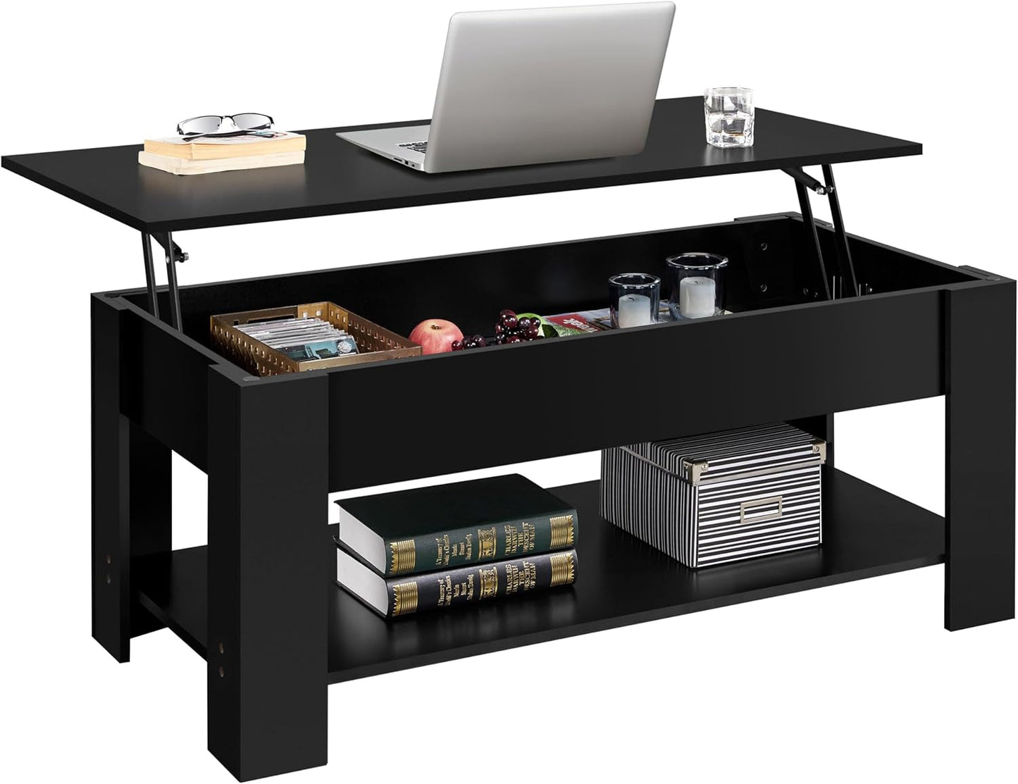 Lift Top Coffee Table with Hidden Compartment and Storage Shelf, Rising Tabletop Dining Table for Living Room Reception Room, 47.5In L, Black-0