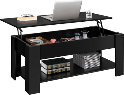 Lift Top Coffee Table with Hidden Compartment and Storage Shelf, Rising Tabletop Dining Table for Living Room Reception Room, 47.5In L, Black-0