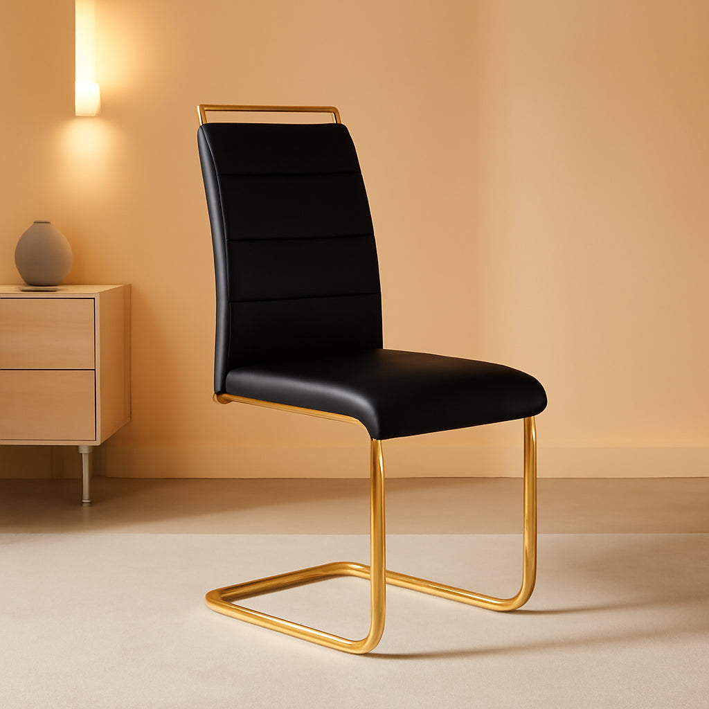 Modern Dining Chairs Set of 4, PU Faux Leather High Back Upholstered Dining Room Side Chair with Horizontal Stripe Backrest Design for Kitchen Living Room Dinner Chairs, Black with Gold Legs-0