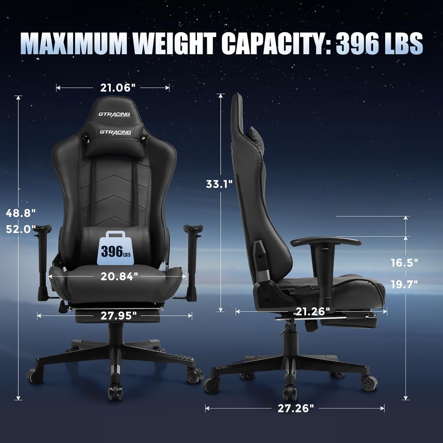Gaming Chair with Footrest, Racing Style Computer Chair for Adult, Adjustable Reclining Backrest and Lumbar Support, Stylish High Back Chair for Gaming and Office (Black)-1