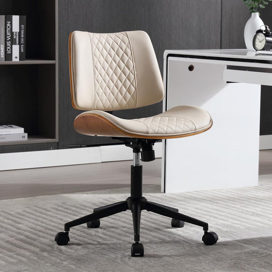 Home Office Chair No Arms with Wheels, Adjustable Height Small Desk Chair, PU Leather Mid Back 360 Swivel Computer Chair, Armless Modern Walnut Chair for Office, Reading Meeting Room(Beige)-0