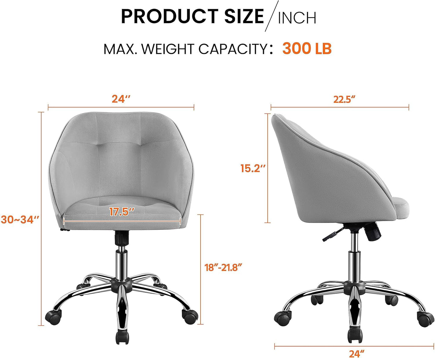 Velvet Desk Chair, Makeup Vanity Chair with Adjustable Tilt Angle, Modern Swivel Office Chair Upholstered Armchair Study Chair for Living Room and Makeup Room Light Gray-2