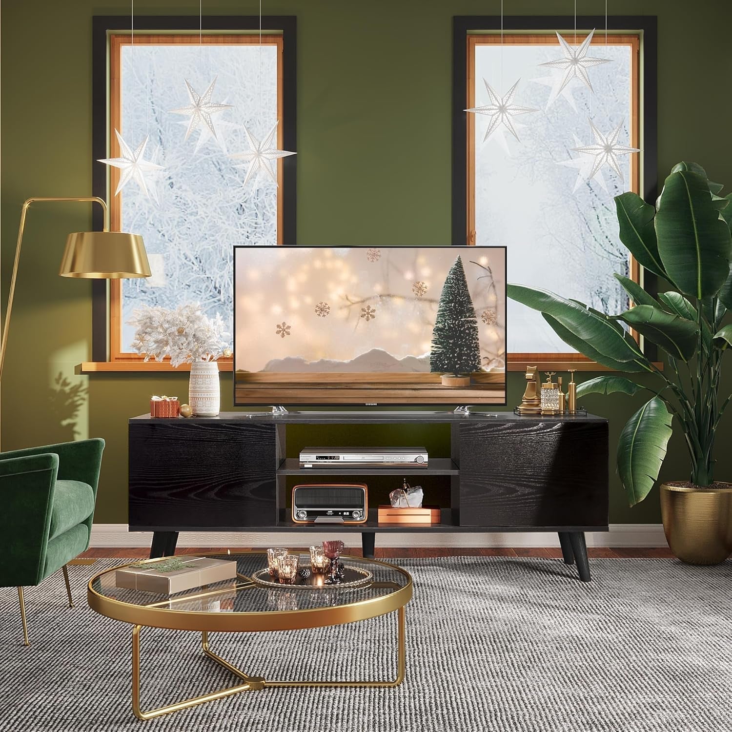 TV Stand for 55 60 Inch TV, Entertainment Center with Storage Cabinets, Rustic TV Console for Living Room Decor, Black-2