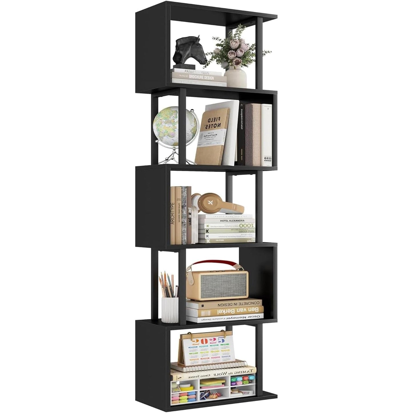 5-Tier Bookshelf, Tall S-Shaped Geometric Bookcase, Wood and Metal Decorative Storage Shelving, Modern Freestanding Display Shelves, Book Shelf Unit for Living Room Bedroom Home Office, Black-0