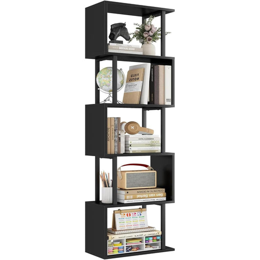 5-Tier Bookshelf, Tall S-Shaped Geometric Bookcase, Wood and Metal Decorative Storage Shelving, Modern Freestanding Display Shelves, Book Shelf Unit for Living Room Bedroom Home Office, Black-0