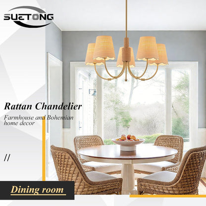 Boho Rattan Chandelier Antique Brass Farmhouse Pendant-4