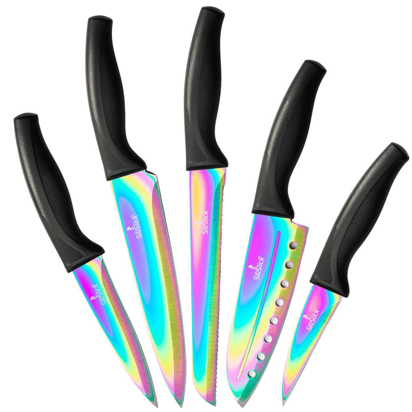 Kitchen knife set with black ergonomic handles and iridescent non-stick titanium plated stainless steel blades