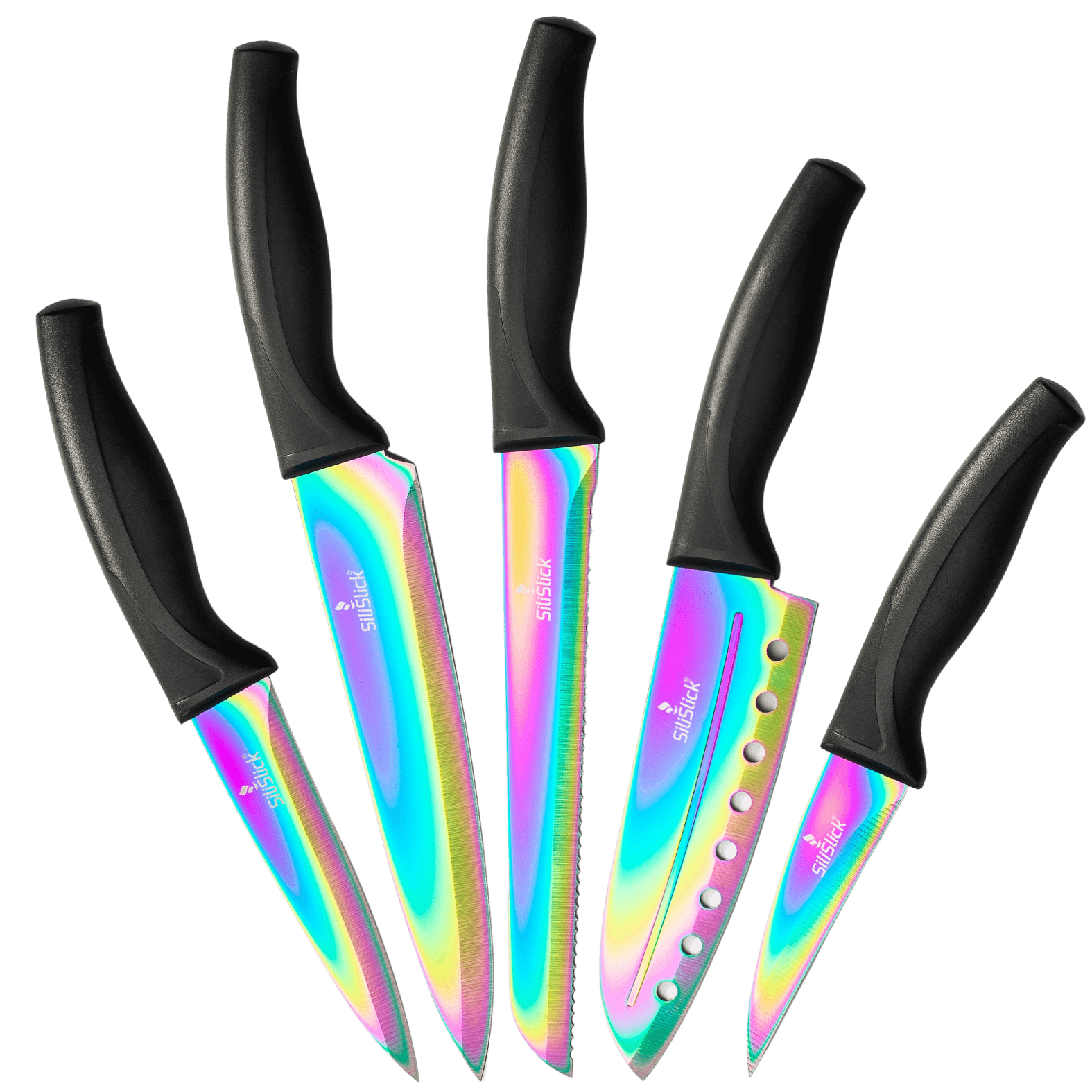 Kitchen knife set with black ergonomic handles and iridescent non-stick titanium plated stainless steel blades