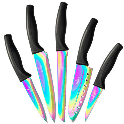 Kitchen knife set with black ergonomic handles and iridescent non-stick titanium plated stainless steel blades