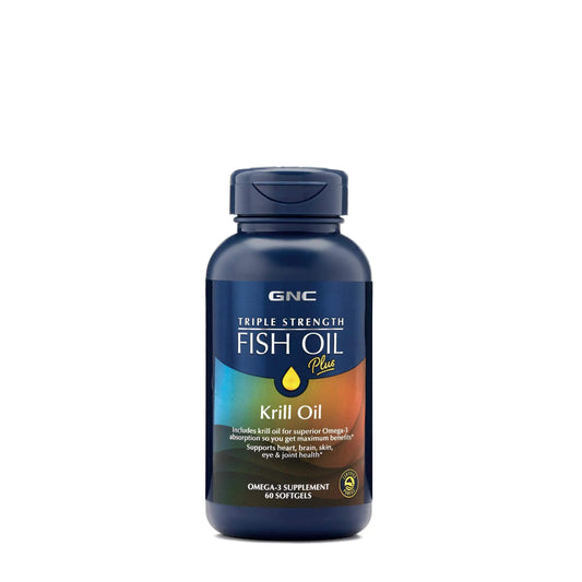 GNC Triple Strength Fish Oil Plus Krill Oil | Includes Krill Oil for Superior Omega-3 Absorption Supports Heart Brain Skin Eye and Joint Health | 60 Softgels