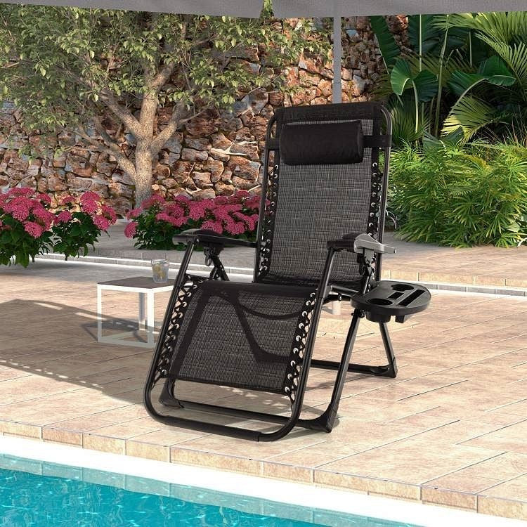 Black Zero Gravity Adjustable Lounge Chair Removable Cushion Cup Holder Tray-1