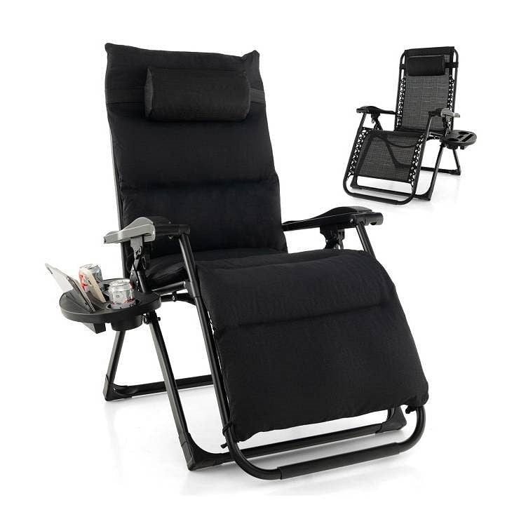Black Zero Gravity Adjustable Lounge Chair Removable Cushion Cup Holder Tray-2