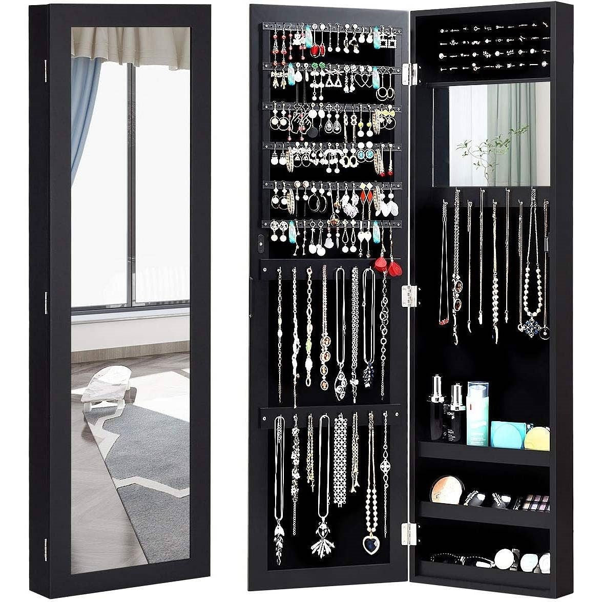 2-in-1 Black Wall or Door Mounted Jewelry Organizer Full Length Mirror-0