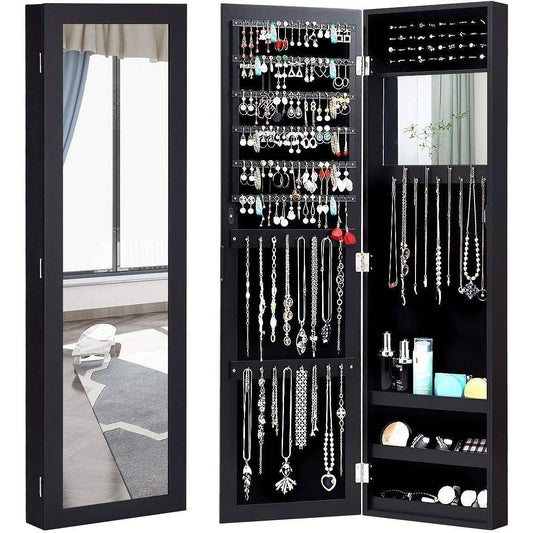 2-in-1 Black Wall or Door Mounted Jewelry Organizer Full Length Mirror-0