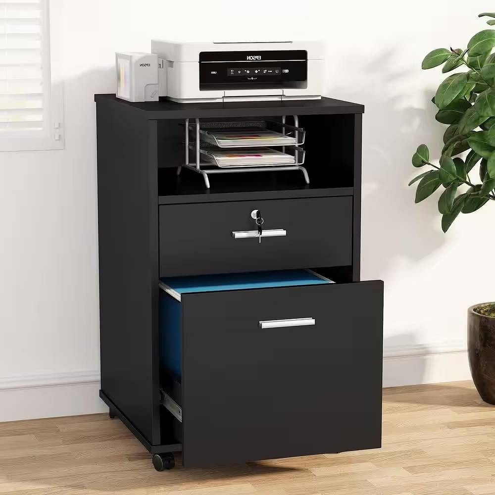 Black Rolling 2-Drawer Mobile File Cabinet Printer Stand Office Cart on Wheels-2
