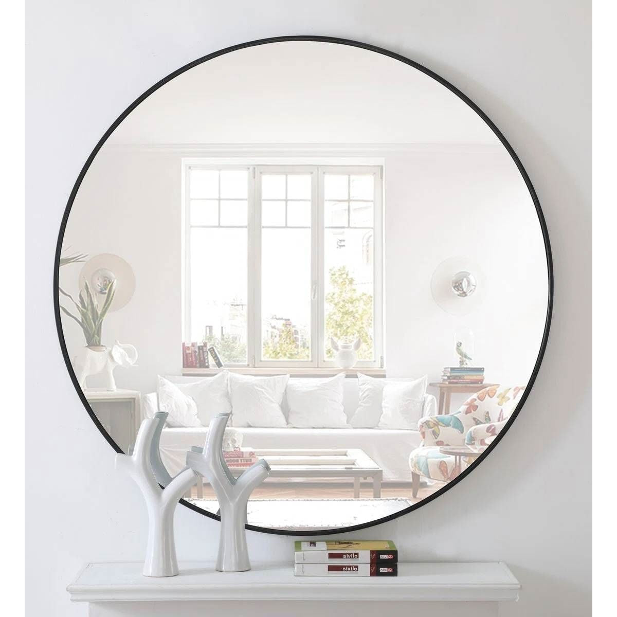 Round 42-inch Wall Mirror in Black - Living Room Bedroom Accent Bathroom Mirror