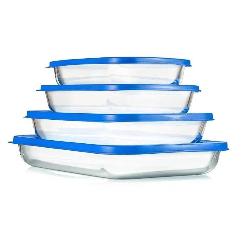 Set of 4 - Rectangular Oven Safe Glass Bakeware Set with Blue Plastic Lids-2
