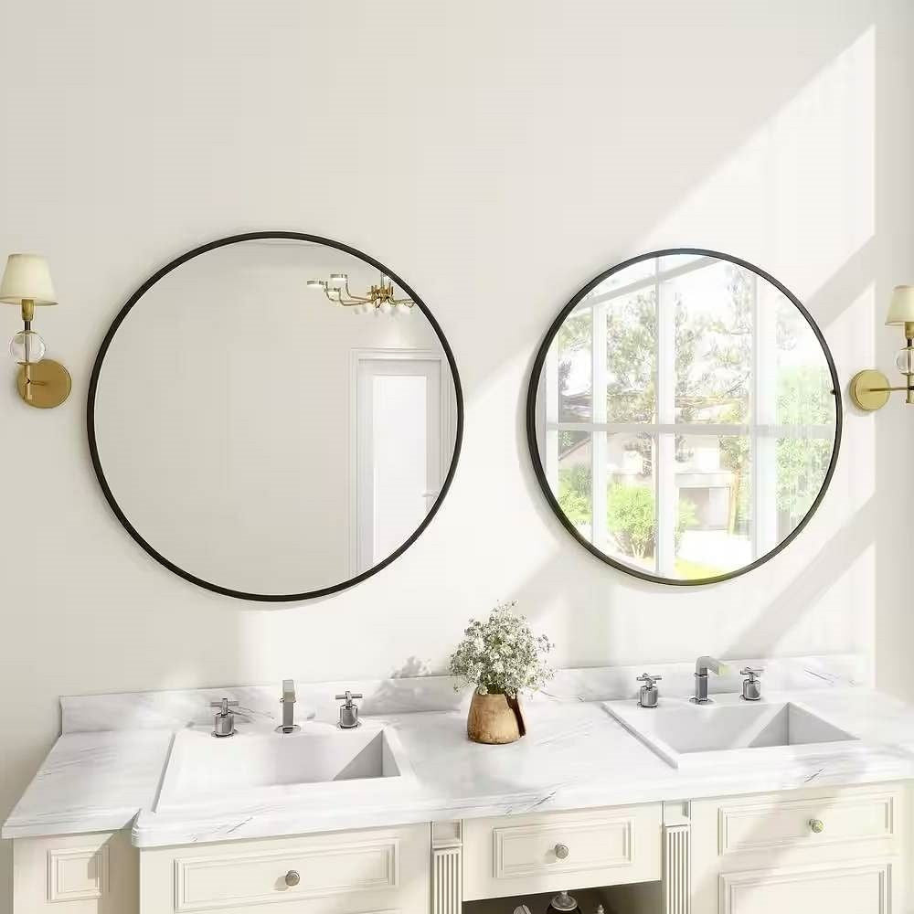 Round 24-inch Circular Bathroom Wall Mirror with Black Frame-0