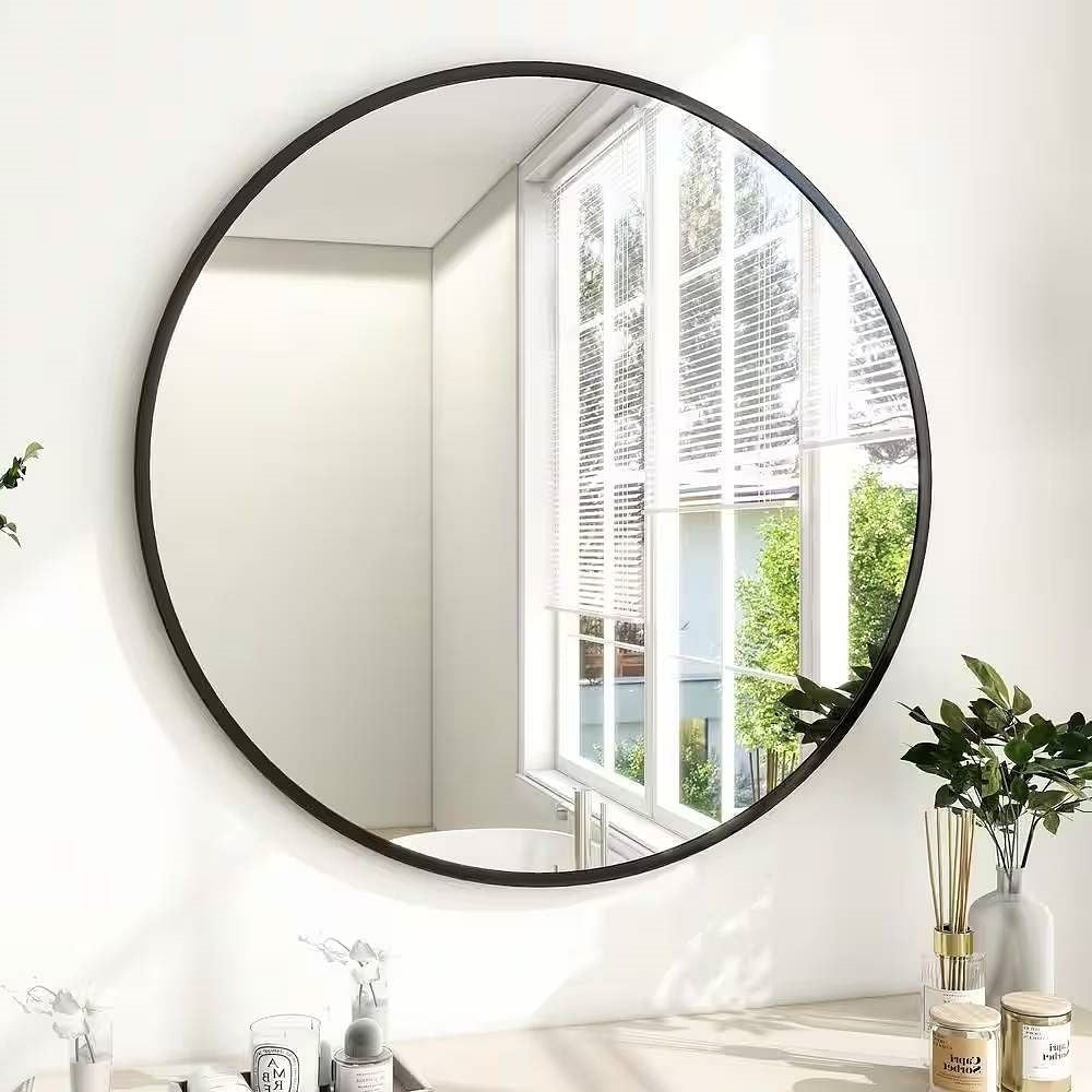 Round 24-inch Circular Bathroom Wall Mirror with Black Frame-2