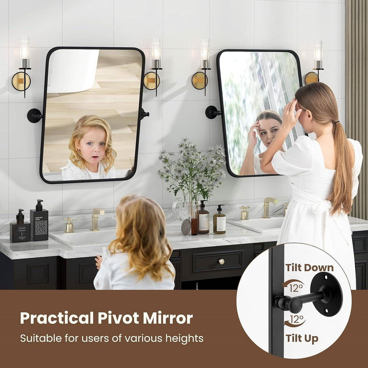 30 x 22 inch Bathroom Wall Mirror with Easy Tilt Pivot and Black Frame-1