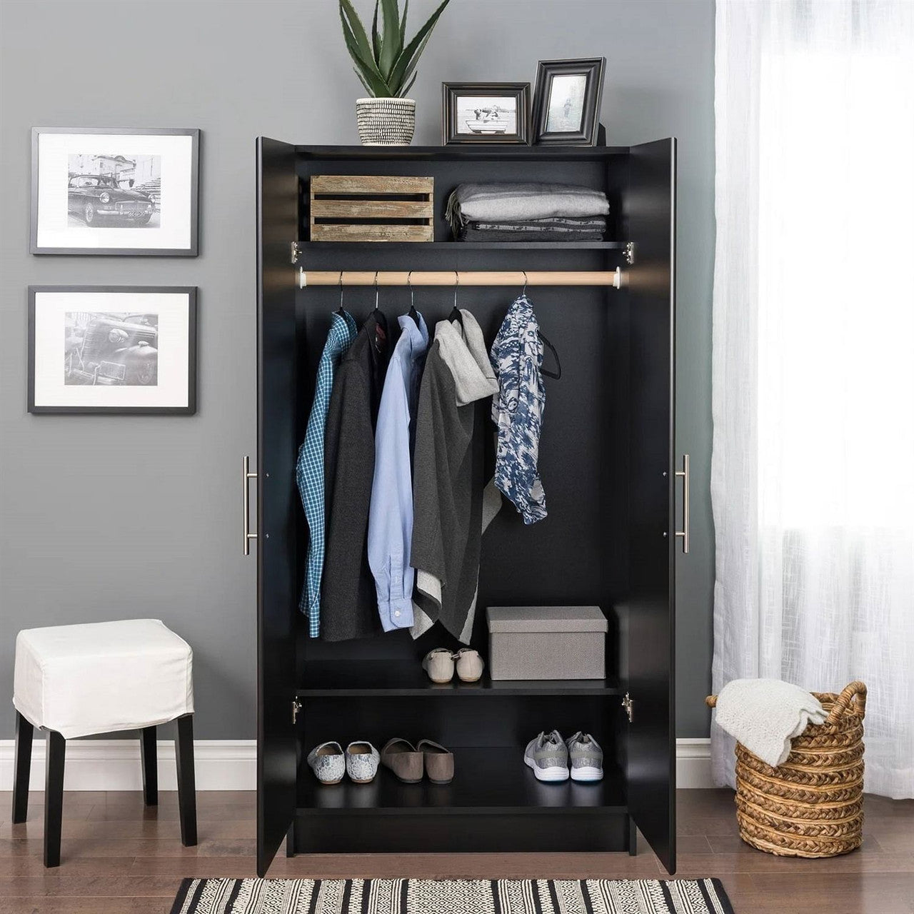Bedroom Armoire Wardrobe Cabinet with Hanging Rail in Black Wood Finish-0