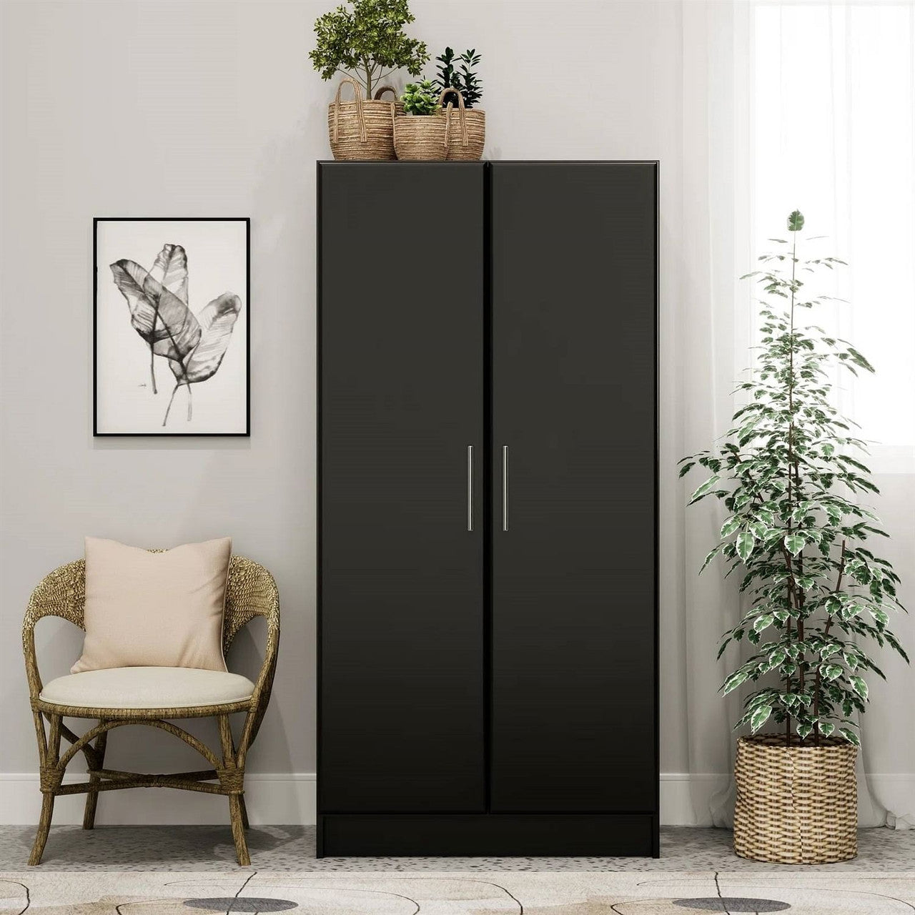 Bedroom Armoire Wardrobe Cabinet with Hanging Rail in Black Wood Finish-2