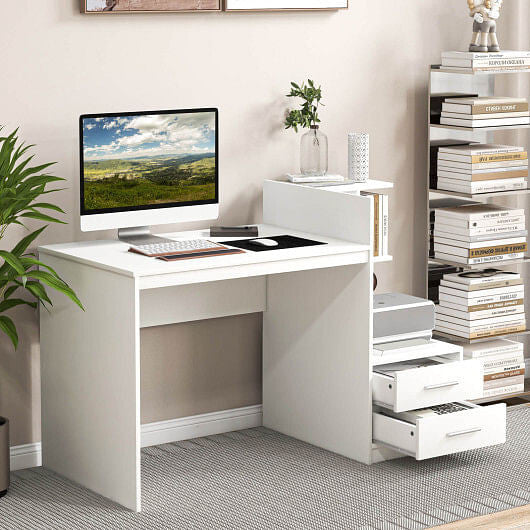 Computer Desk Home Office with Bookshelf and Drawers-White-1