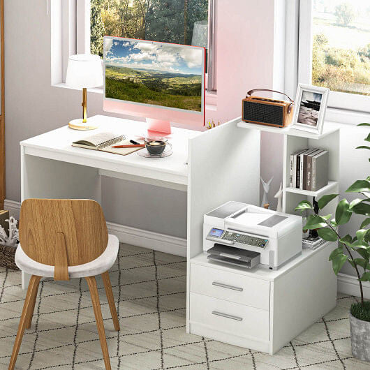 Computer Desk Home Office with Bookshelf and Drawers-White-3