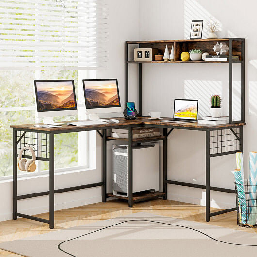 L-shaped Desk with Power Outlet Hutch-Rustic Brown-0