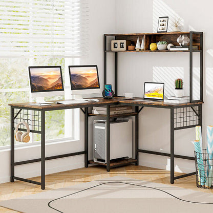 L-shaped Desk with Power Outlet Hutch-Rustic Brown-0
